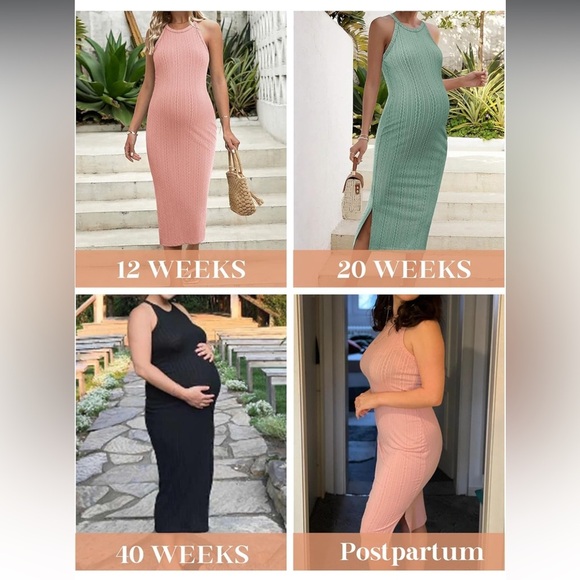Ekouaer Maternity Dress Rib Knit Side Slit Stretchy Bodycon Pregnancy Dress - Picture 4 of 5